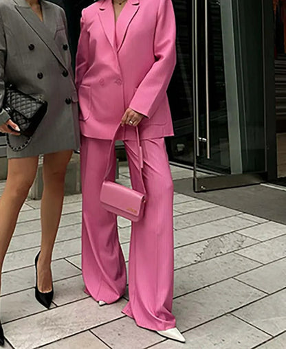 Pink Print Pockets Blazer Trousers Office Two Piece Set