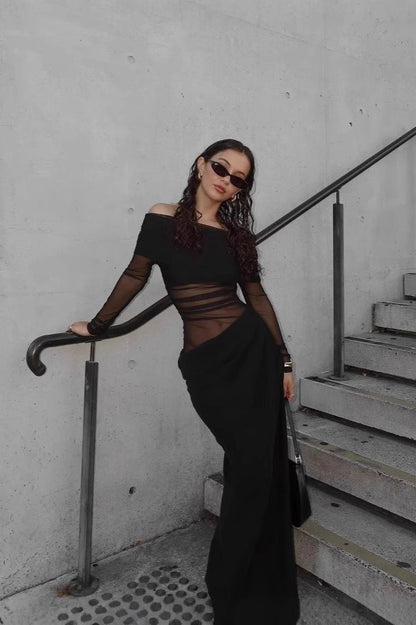 Sexy Off-Shoulder Sheer Bodycon Waist-Exposing Maxi Dress