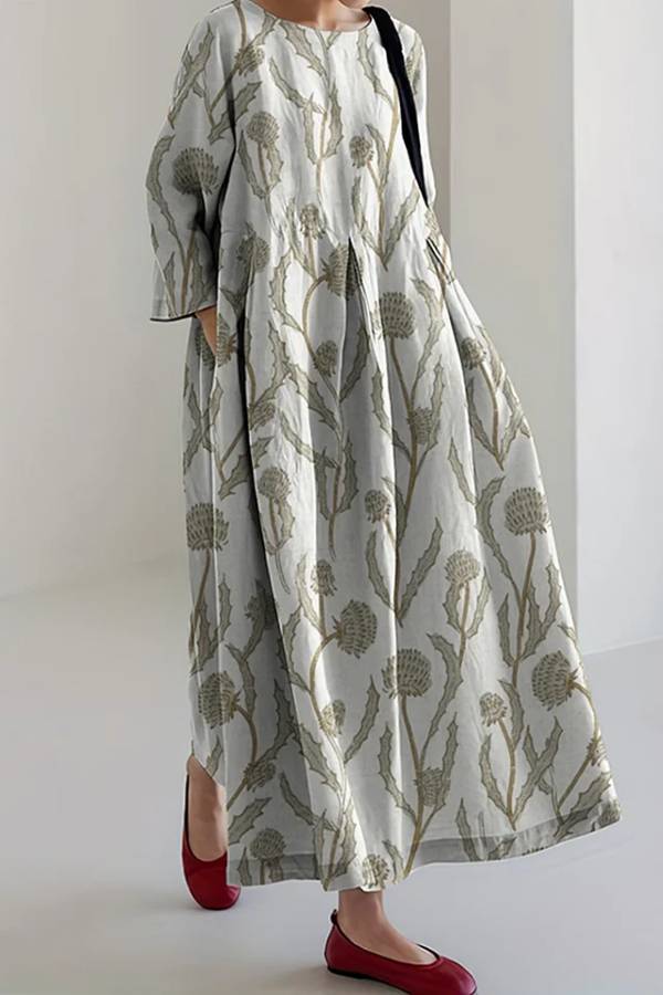Scotland Thistle Print Crew Neck Loose Midi Dress
