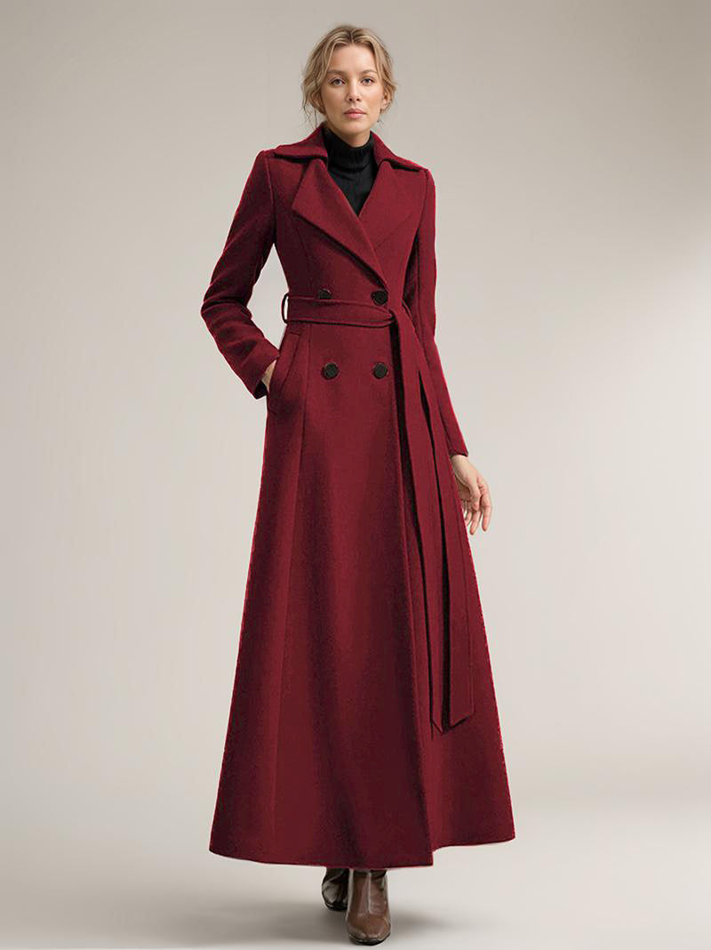 Full-length Woolen Coat For Women Wide Notched Lapel Double-breasted Belted Winter Outerwear In Solid Color 2026