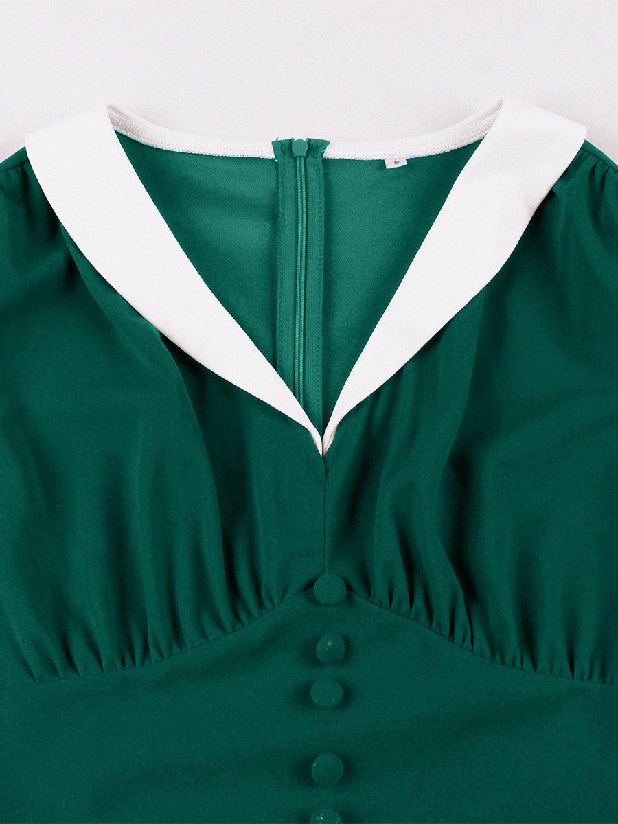 V Neck Contrast Lapel Ruched Retro A-line Swing Dress For Women 2026