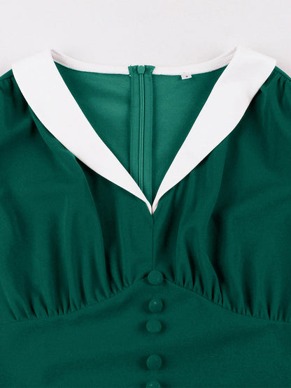 V Neck Contrast Lapel Ruched Retro A-line Swing Dress For Women 2026