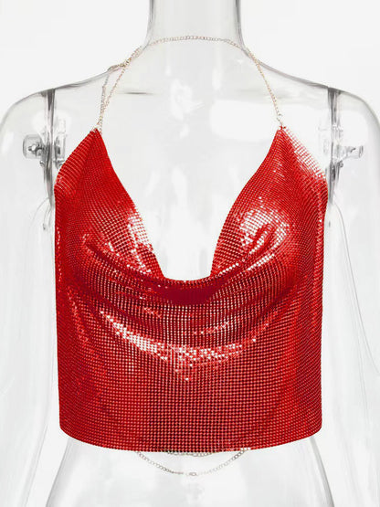 Sexy Straps Halter Metal Tops Sequin Clubwear Tops Sliver Sleeveless Spaghetti Straps Cami Draped Crop For Women