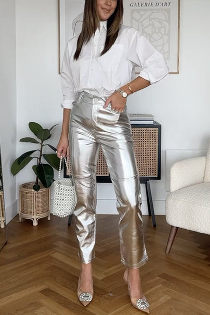High Rise Metallic Faux Leather Cropped Pants