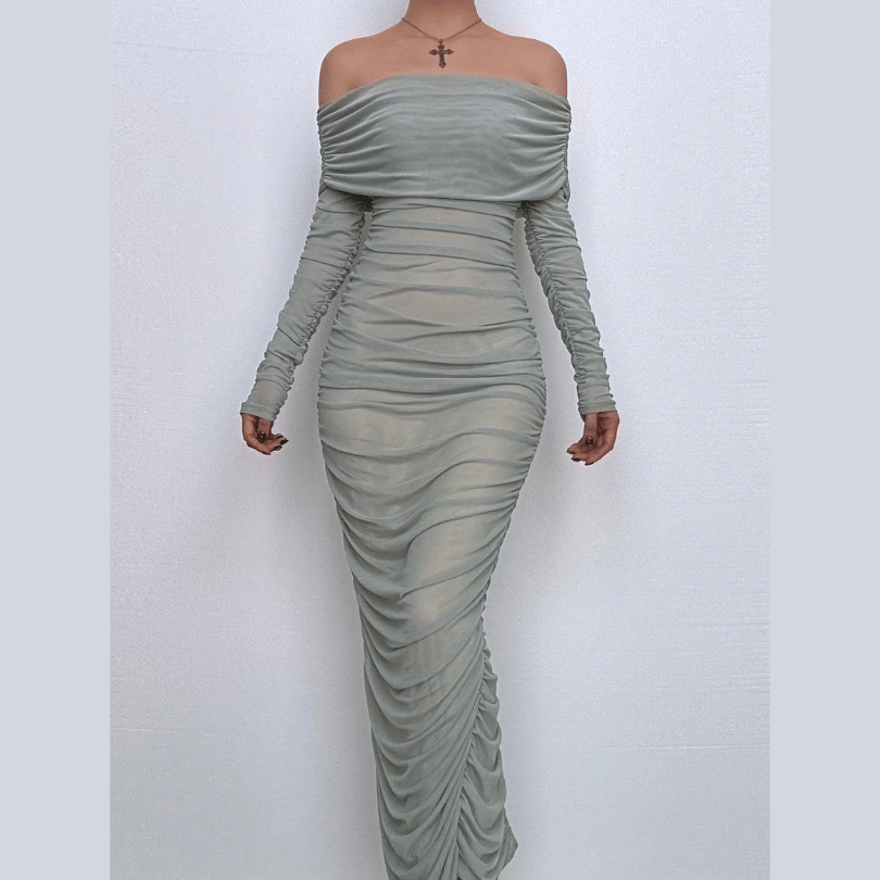 Off shoulder long sleeve slit mesh ruched maxi dress