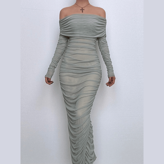 Off shoulder long sleeve slit mesh ruched maxi dress