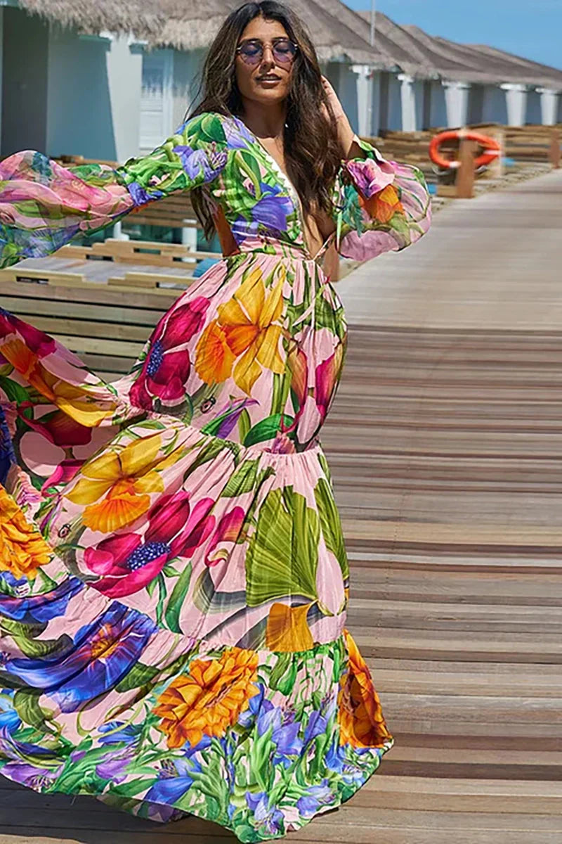 Deep V Lantern Sleeve Printed Swimsuit Set