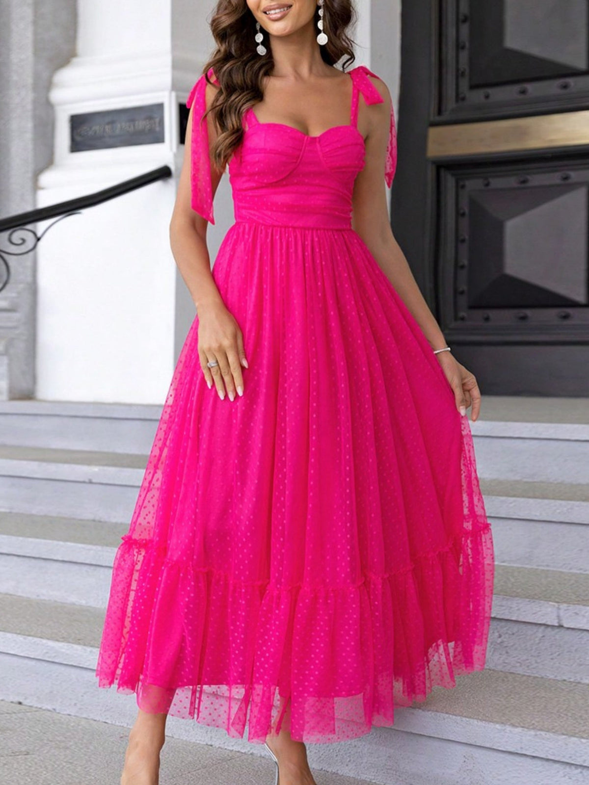 Polka Dots Strapless Shoulder Strap Mesh Splicing Sweet Maxi Dresses