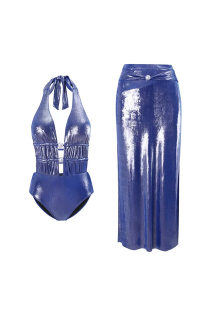 Glossy Mist Deep V Halter Pearl Swimsuit