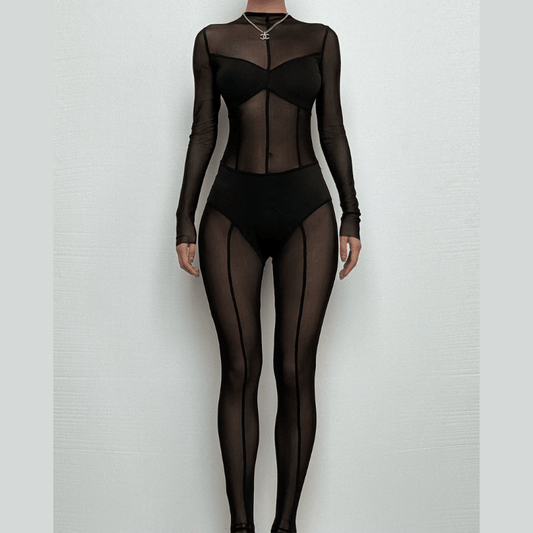 Mesh patchwork zip-up solid long sleeve jumpsuit