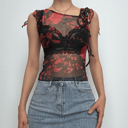 Irregular sheer mesh print ruffle top