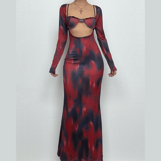 Long sleeve print v neck lace hem contrast maxi skirt set