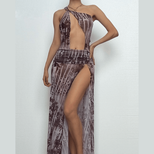 One shoulder irregular hollow out high slit print cut out maxi dress
