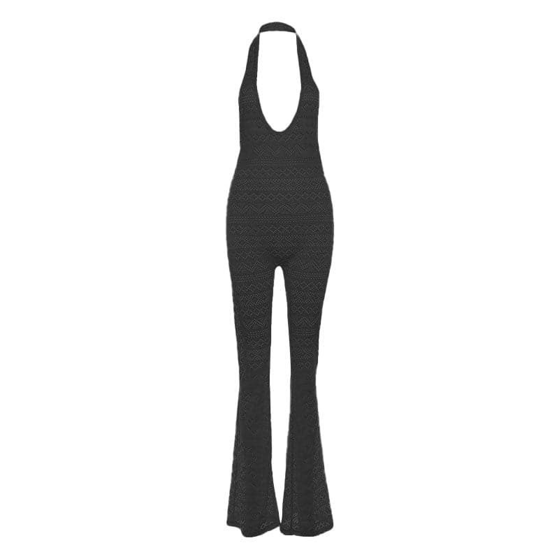 Halter low cut hollow out see through backless jumpsuit