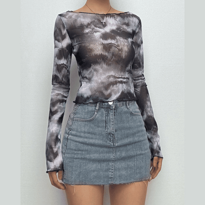 Long sleeve sheer mesh tie dye top