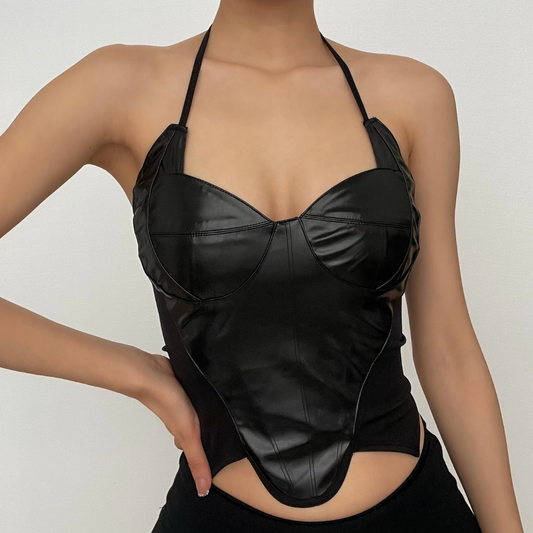 Sleeveless cross front PU leather halter self tie backless crop top