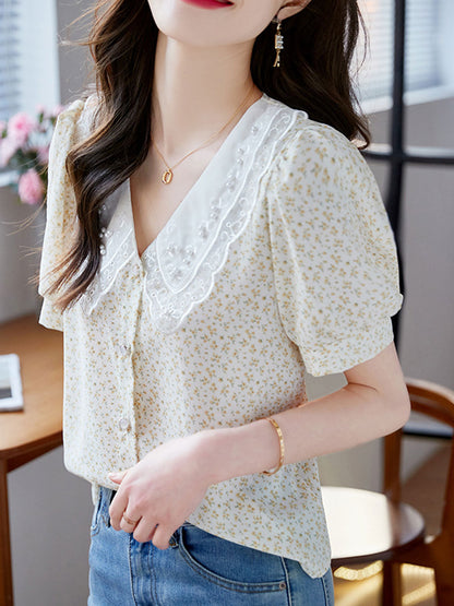 Ava Elegant Doll Collar Floral Beaded Chiffon Top