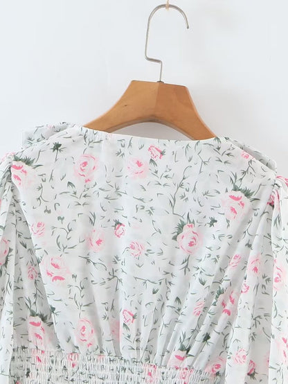 Floral Print Smocked Lantern Sleeve Shirt Top