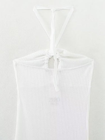 Halterneck Backless White Hollowout Ribbed Dress