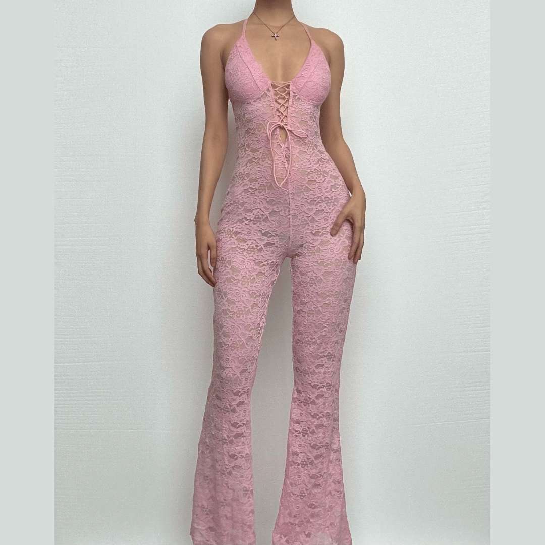 Halter lace lace up see through jumpsuit
