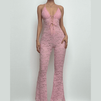 Halter lace lace up see through jumpsuit