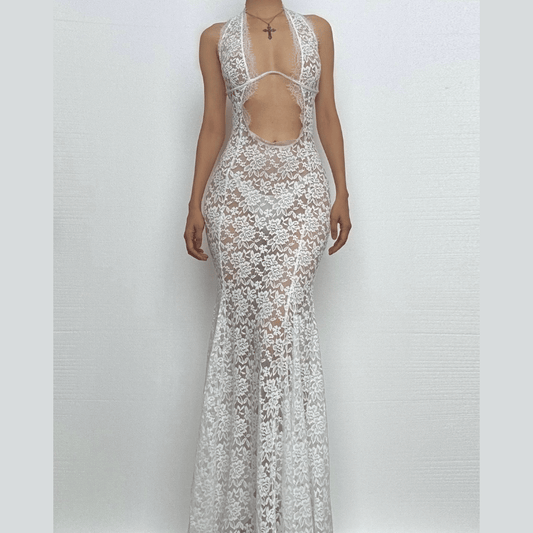 Halter lace see through hollow out cut out maxi dress-final-sale