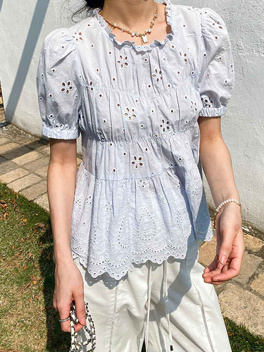 Arianna Retro Auricular Puff Sleeve Embroidered Top