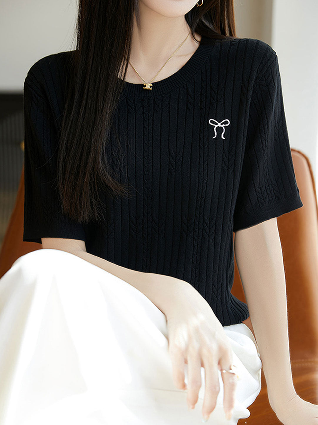 Bella Loose Crew Neck Embroidered Knitted Top