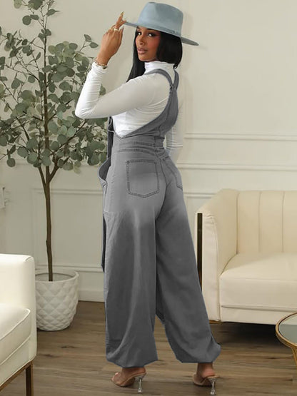 Zipper Splicing Pocket Denim Overalls