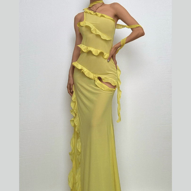 One shoulder ruffle irregular high slit maxi dress-final-sale