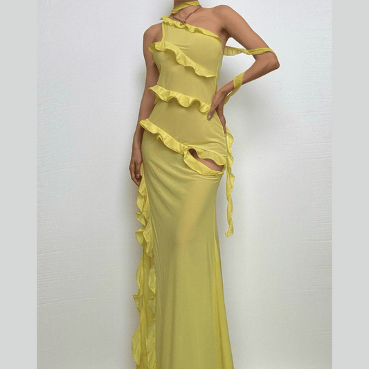 One shoulder ruffle irregular high slit maxi dress-final-sale