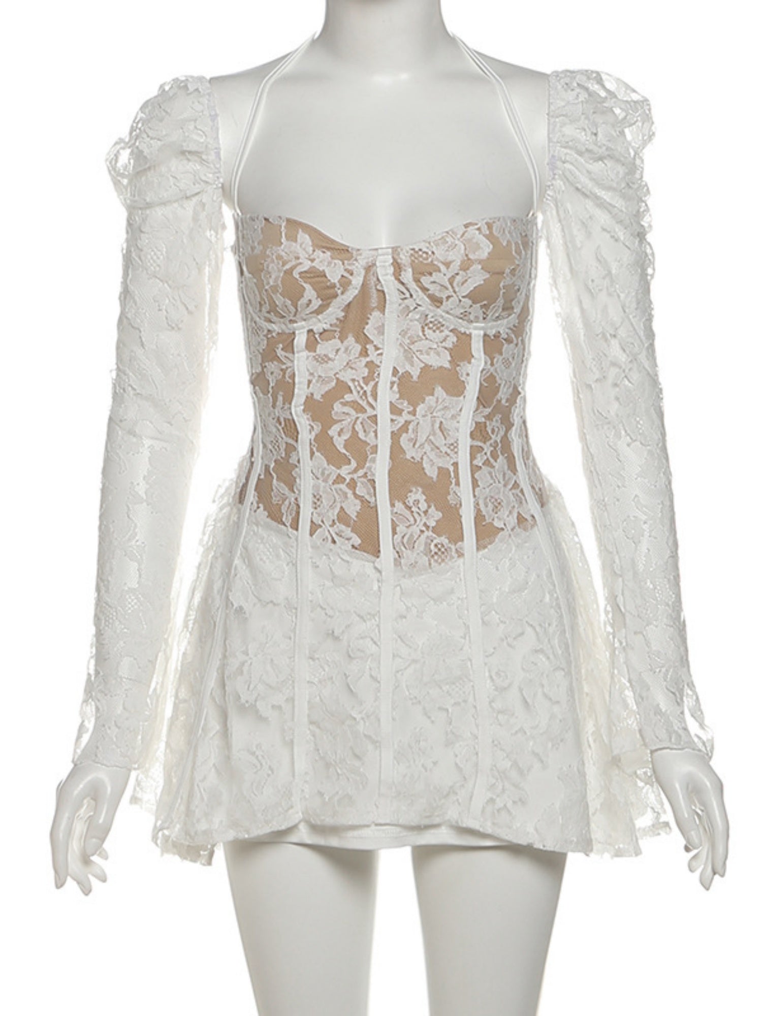 Lace Patchwork Halter Neck And Off-shoulder Waist-cinching And Backless Mini&Short Dresses