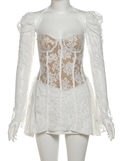 Lace Patchwork Halter Neck And Off-shoulder Waist-cinching And Backless Mini&Short Dresses
