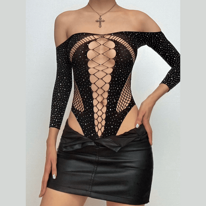 Long sleeve hollow out off shoulder pleated cami mini skirt set