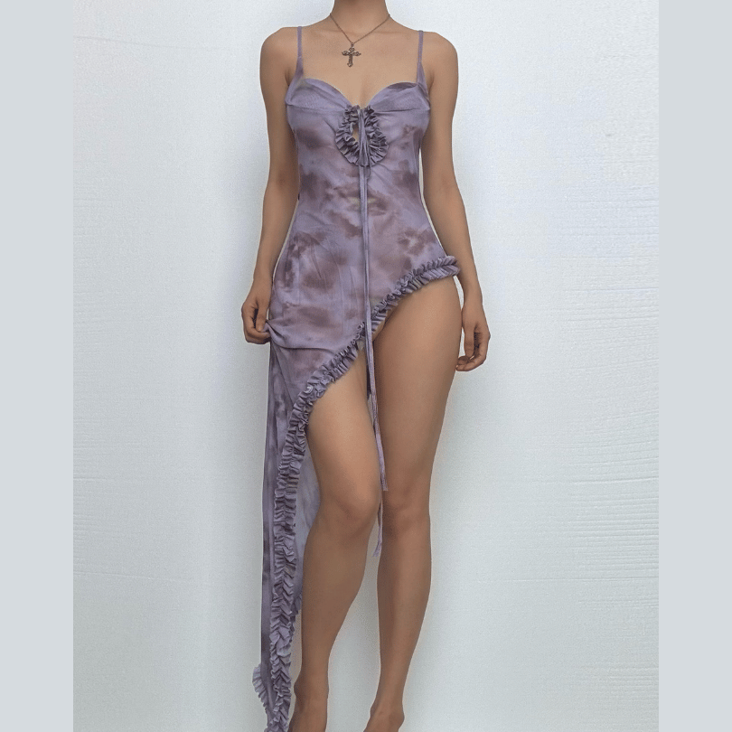 Mesh self tie print high slit ruffle cami maxi dress