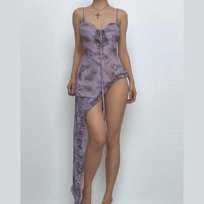 Mesh self tie print high slit ruffle cami maxi dress