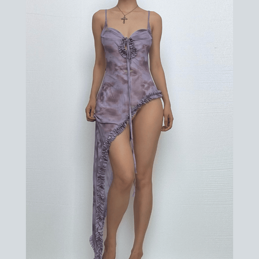 Mesh self tie print high slit ruffle cami maxi dress