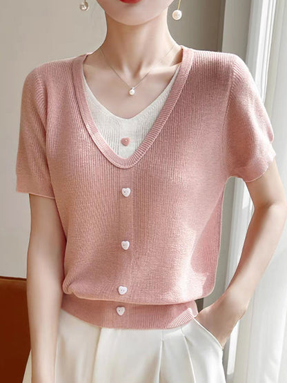 Angelina Casual V-neck Patchwork Knitted Top