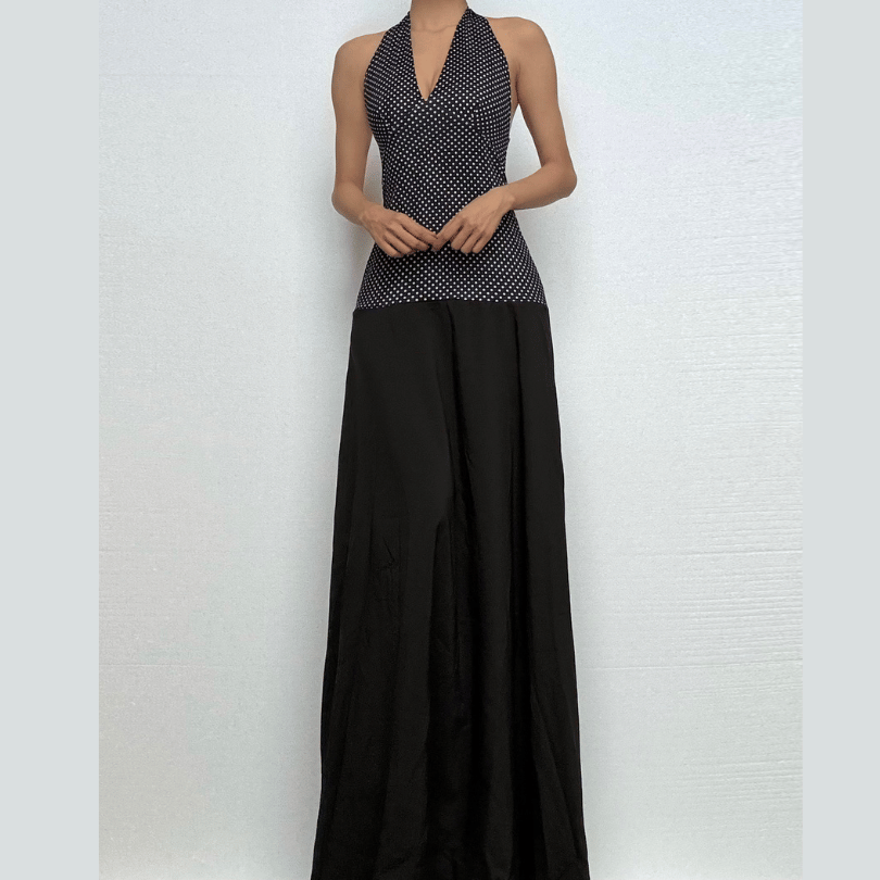 Halter polka dot print backless maxi dress-final-sale