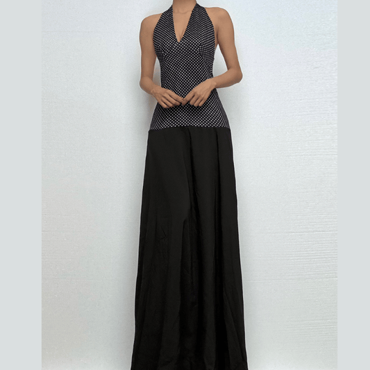 Halter polka dot print backless maxi dress-final-sale