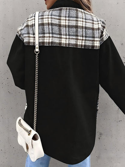 Long Sleeve Plaid Splicing Fasten Denim Jackets
