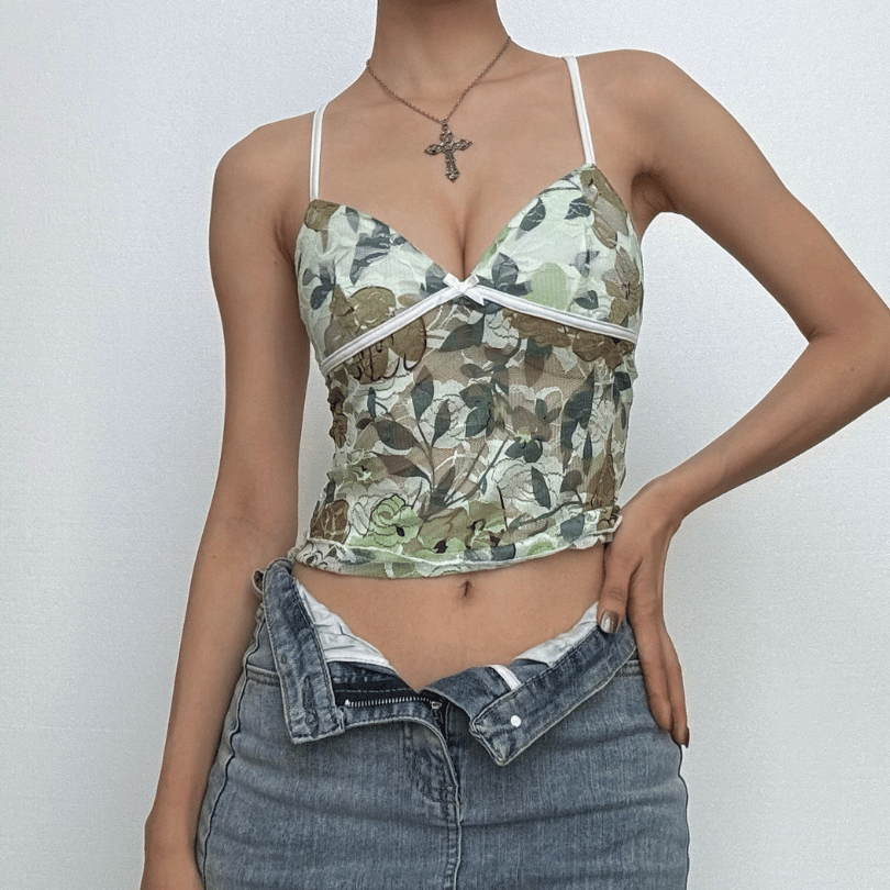 V neck mesh bowknot print cami top
