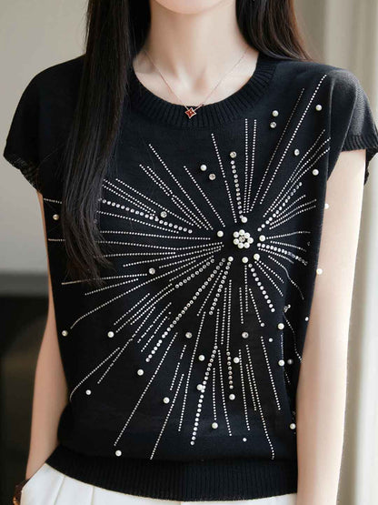 Jessica Loose Crew Neck Rhinestone Knitted Top
