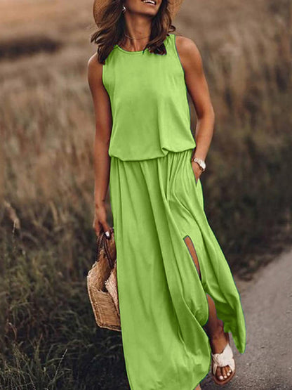 Round Neck Sleeveless Slit Long Dress