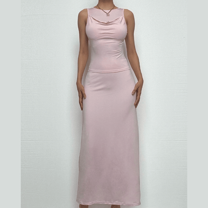 Cowl neck ruched solid tank maxi dress-final-sale
