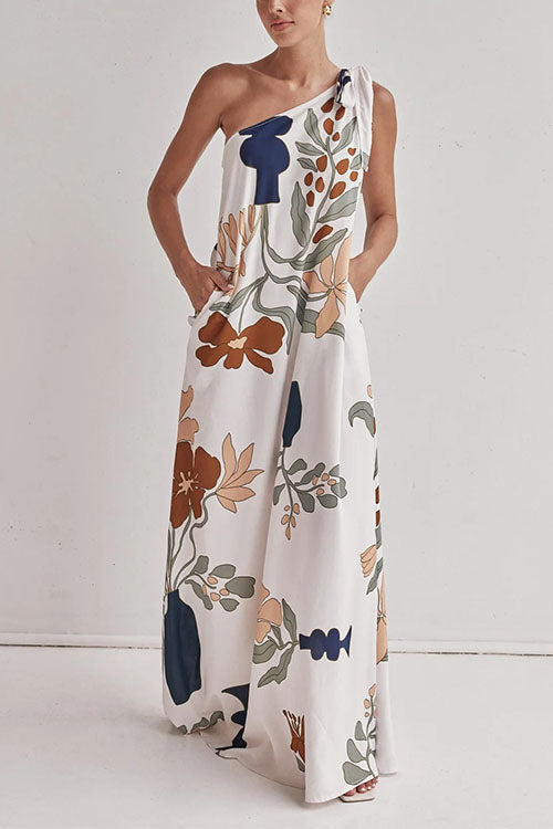 Tie Knot One Shoulder Floral Print Maxi Dress