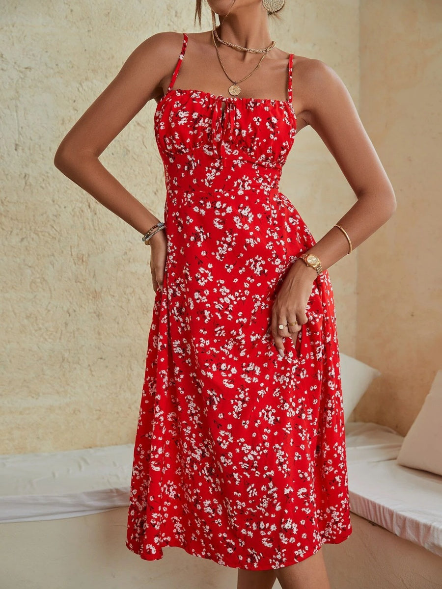 V-neck Bandage Camisoles Floral Slit Vacation And Leisure Maxi Dresses