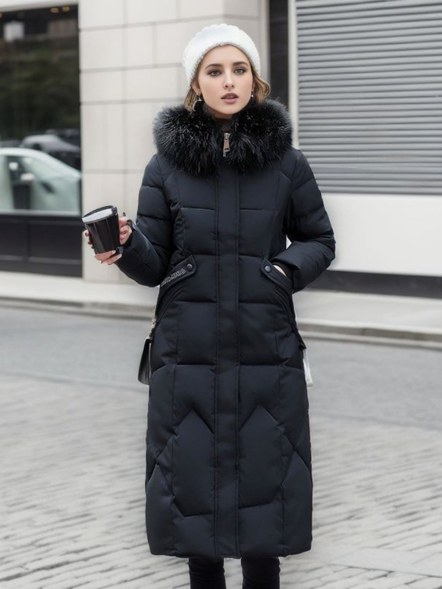 Thick Fur Collar Over-the-knee Mid-length Pocket Down Jacket