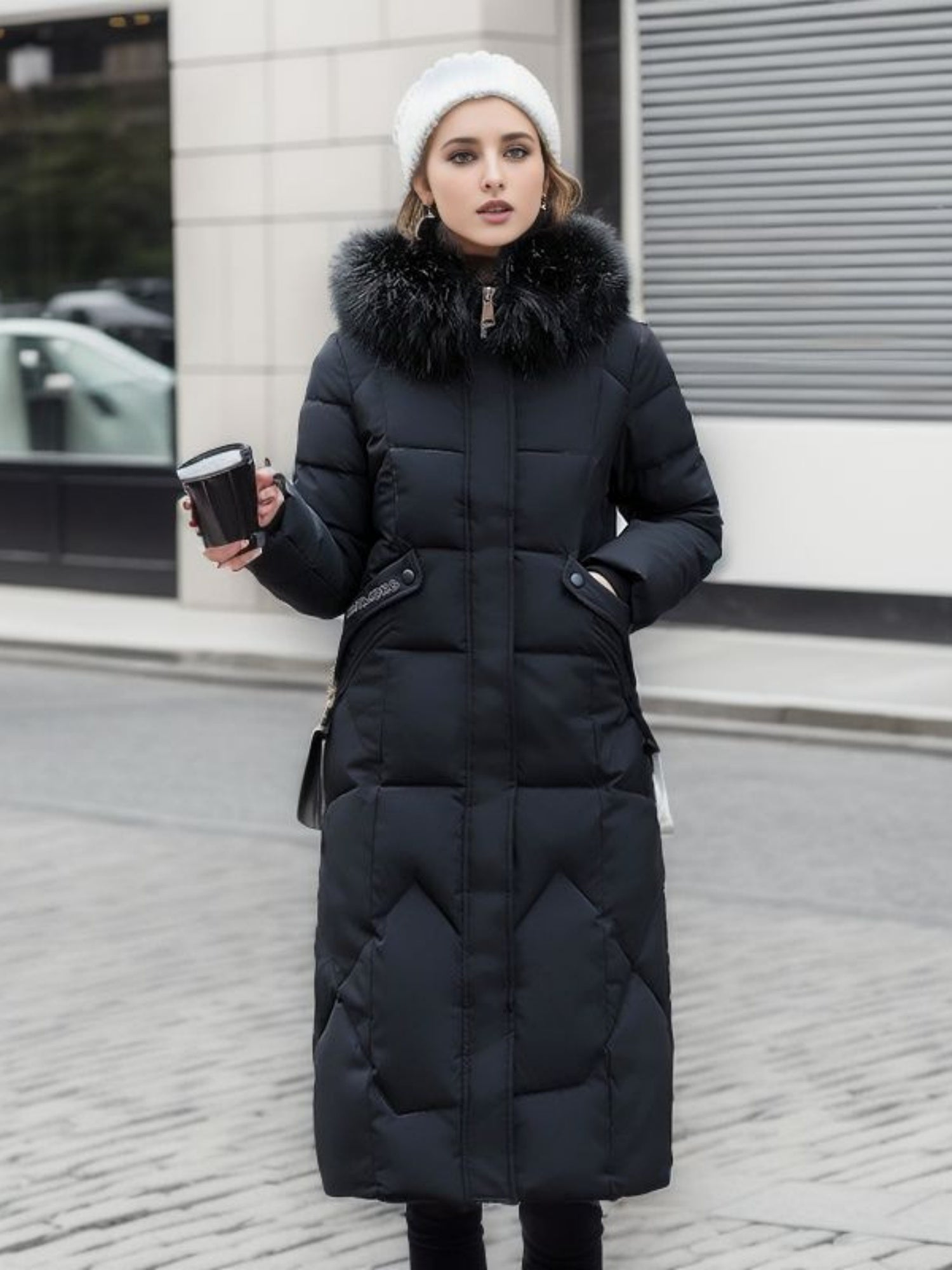 Thick Fur Collar Over-the-knee Mid-length Pocket Down Jacket