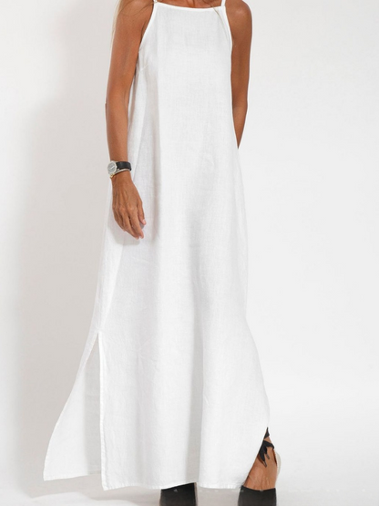 Cotton Linen Slit Spaghetti Strap Long Dress